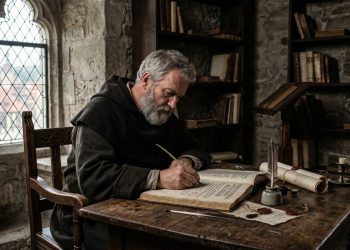 Francisco Sanches escreve em biblioteca austera, cercado pela dúvida que desafia as certezas do seu tempo.