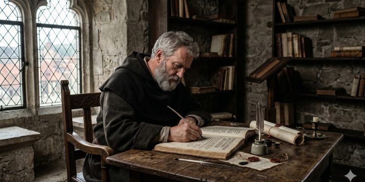 Francisco Sanches escreve em biblioteca austera, cercado pela dúvida que desafia as certezas do seu tempo.