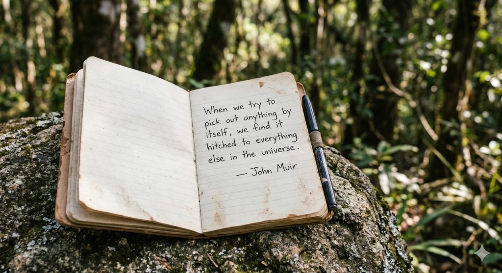 Anotação da frase de John Muir reforça a ideia de que tudo na natureza está conectado.
