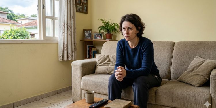 Uma mulher sentada sozinha em seu sofá exibe uma expressão de profunda ansiedade e tensão em um ambiente doméstico tranquilo.