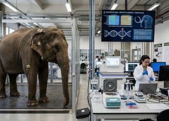 Uma imagem fotorrealista mostrando um elefante asiático vivo dentro de um recinto de metal em um laboratório de biotecnologia moderno.