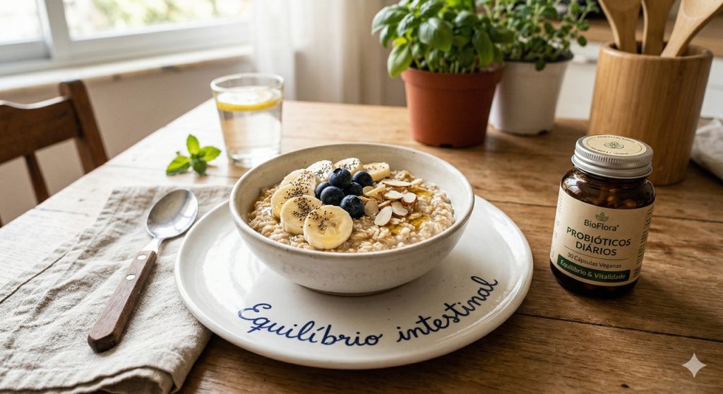 Uma composição de alimentos ricos em fibras e suplementação probiótica ilustra uma rotina focada na saúde e no bem-estar intestinal.