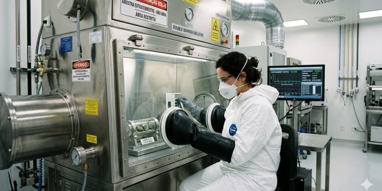 Sistema de isolamento analisa amostra de Marte com contenção rigorosa e ambiente ultralimpo.