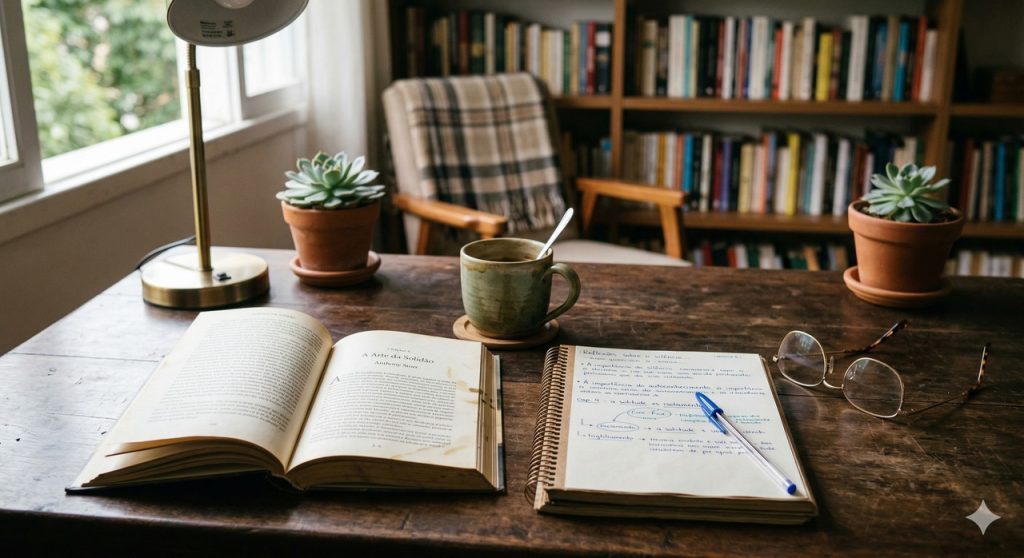Uma mesa organizada com livros e anotações manuais cria o ambiente perfeito para a imersão intelectual solitária.