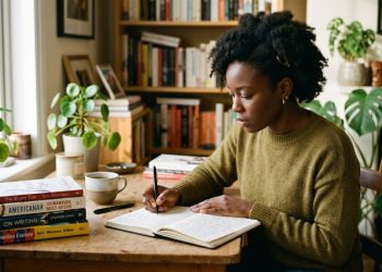 Escritora registra histórias em um caderno aberto com livros ao lado.