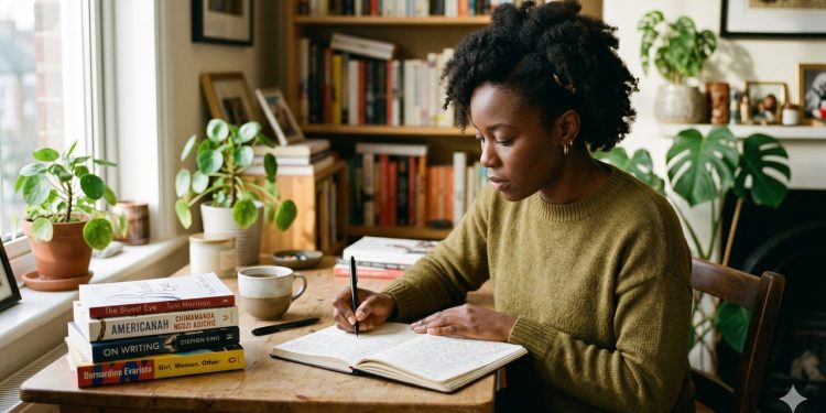 Escritora registra histórias em um caderno aberto com livros ao lado.
