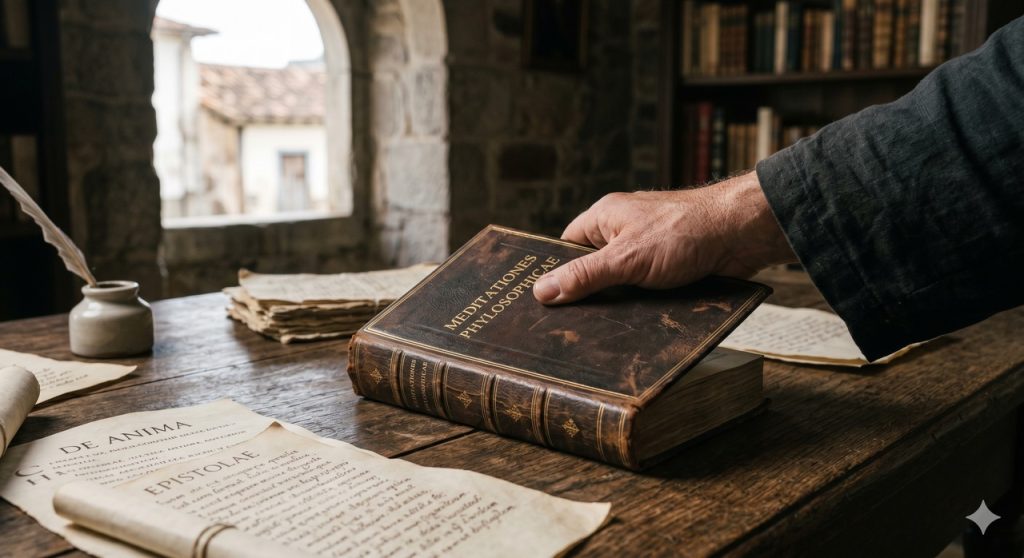 O gesto de interromper a leitura reforça a crítica de Francisco Sanches às certezas rápidas.