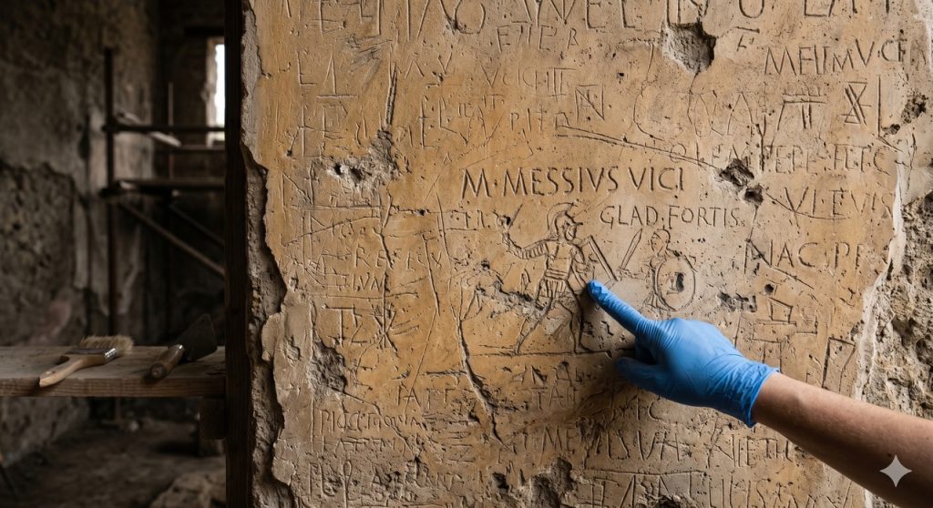 Inscrições casuais preservadas em Pompeia mostram humor, presença e rotina da vida comum em Roma.