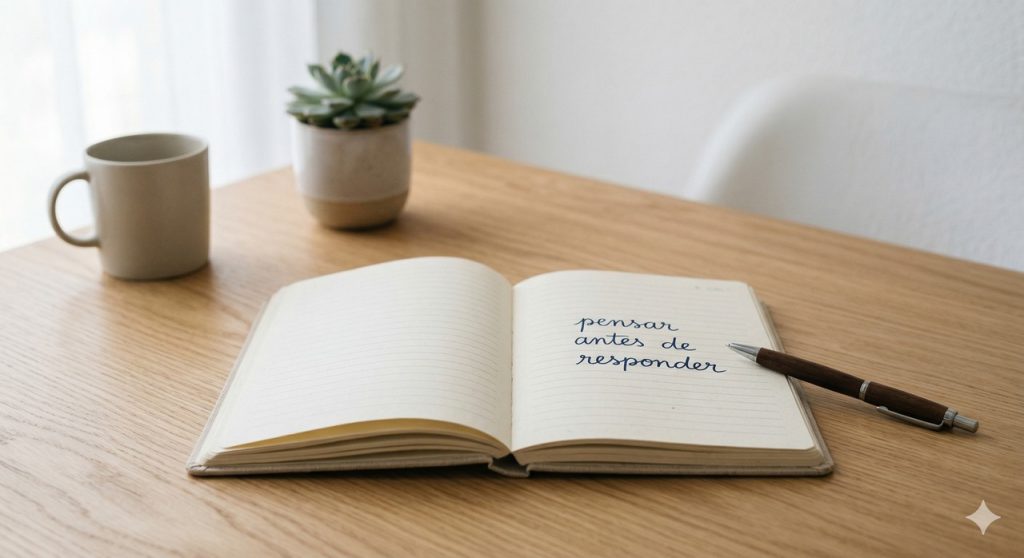 Um caderno aberto em um ambiente minimalista destaca o lembrete manuscrito "pensar antes de responder", evocando a importância da calma e da prudência na comunicação.