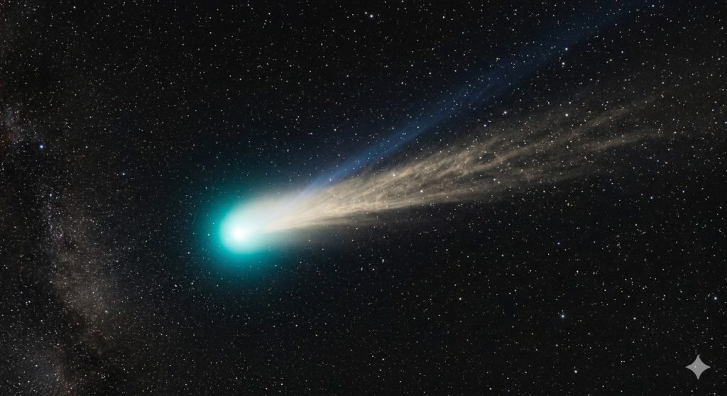 Cometa interestelar 3I/ATLAS com coma brilhante após a passagem mais crítica pelo Sol.