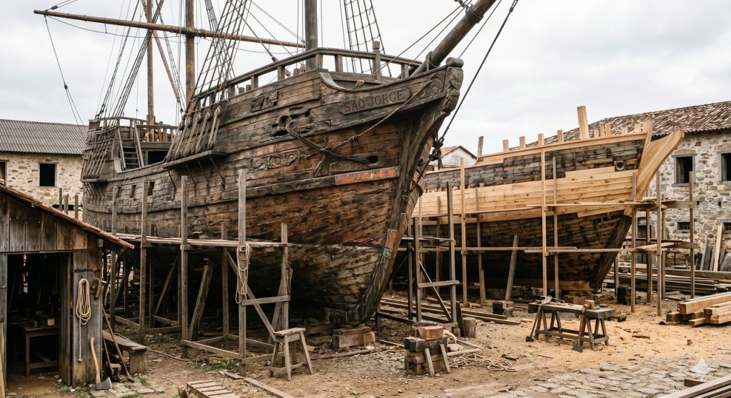 Dois navios reconstruídos sugerem o impasse entre matéria original e continuidade histórica.