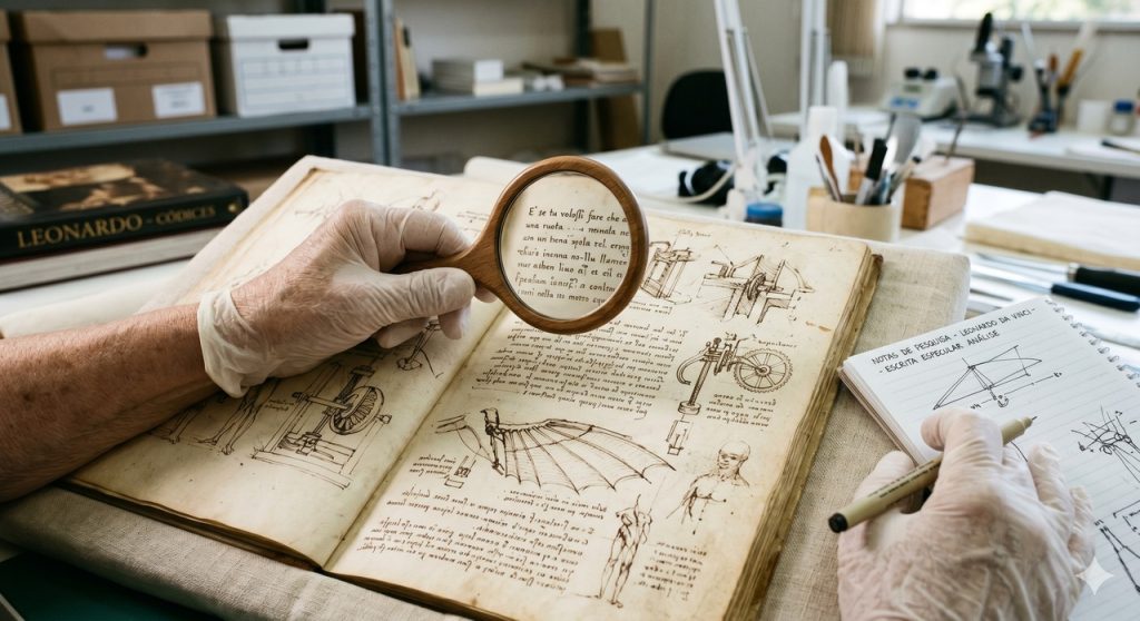Espelho revela a leitura das anotações invertidas nos cadernos de Leonardo da Vinci.