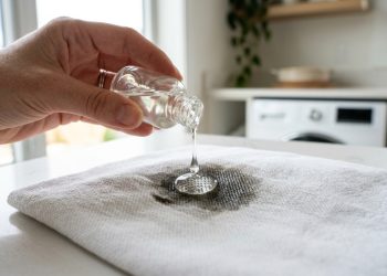 A professional macro photography shot focusing on a brushed stainless steel surface. A hand holding a soft, dark grey microfiber cloth is partially visible, wiping away a dull layer of grease and oily fingerprints. The movement leaves behind a pristine, streak-free path that acts as a mirror, reflecting a blurred high-end modern kitchen with soft pendant lights. The uncleaned area remains matte and textured with smudges. Captured with a Nikon Z7 II, 105mm macro lens, f/5.6, to show the intricate vertical grain of the steel. Lighting: "Clinical Cold Fluorescent" with a sharp side-light to emphasize the metallic luster and the tactile contrast between the greasy and clean zones. No overlaid text. No headlines. No captions. No watermarks.