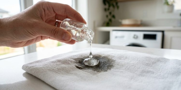 A professional macro photography shot focusing on a brushed stainless steel surface. A hand holding a soft, dark grey microfiber cloth is partially visible, wiping away a dull layer of grease and oily fingerprints. The movement leaves behind a pristine, streak-free path that acts as a mirror, reflecting a blurred high-end modern kitchen with soft pendant lights. The uncleaned area remains matte and textured with smudges. Captured with a Nikon Z7 II, 105mm macro lens, f/5.6, to show the intricate vertical grain of the steel. Lighting: "Clinical Cold Fluorescent" with a sharp side-light to emphasize the metallic luster and the tactile contrast between the greasy and clean zones. No overlaid text. No headlines. No captions. No watermarks.