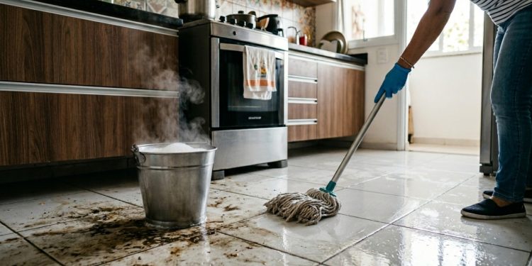 Basta colocar 1 colher na água do balde e o piso encardido da cozinha volta a brilhar: a gordura grudada e o aspecto opaco desaparecem na hora