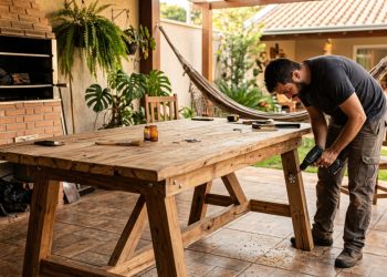 Aprenda como fazer uma mesa grande e funcional para sua área gourmet em poucas horas e gastando pouco
