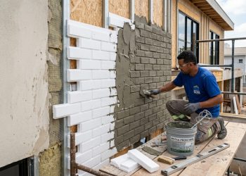 Fachada simples ganha efeito tijolinho moderno usando isopor e argamassa