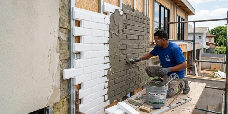 Fachada simples ganha efeito tijolinho moderno usando isopor e argamassa