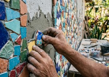 Esse mosaico com sobras de piso entrega uma decoração resistente e barata com efeito surpreendente