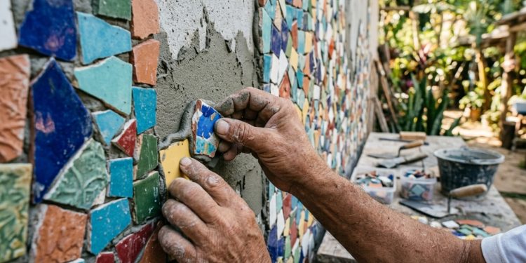 Esse mosaico com sobras de piso entrega uma decoração resistente e barata com efeito surpreendente