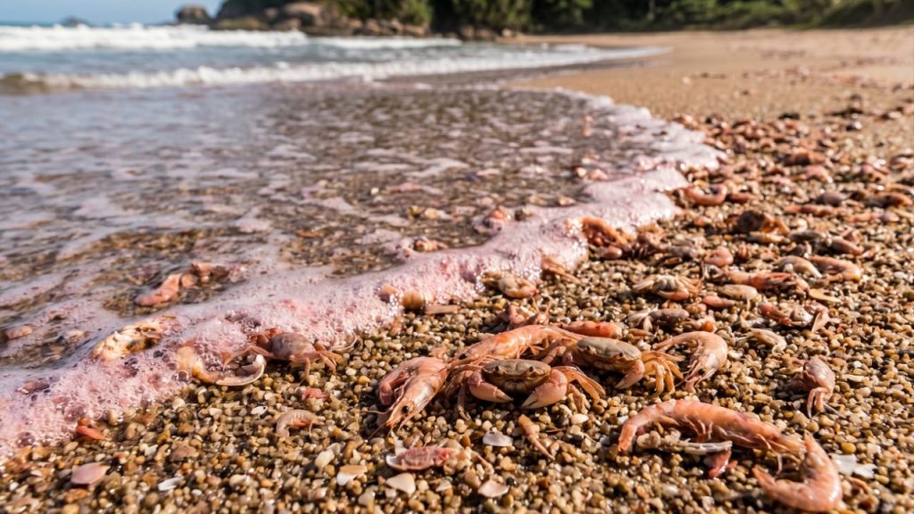 O fenômeno que tingiu água e areia de rosa após um evento massivo no oceano