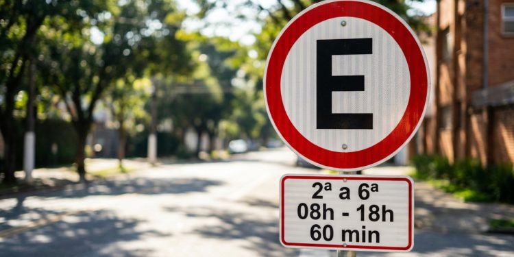A placa R-6b não proíbe estacionar: ela autoriza, mas com regras bem definidas que mudam conforme o dia e o horário