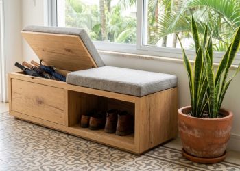 Transforme uma sapateira velha em um banco organizador moderno e elegante para sua sala