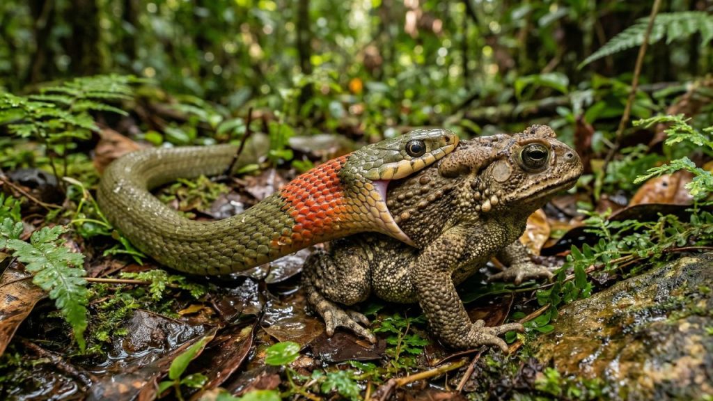 O protocolo de defesa dessa espécie de cobra asiática que se torna venenosa ao comer sapos