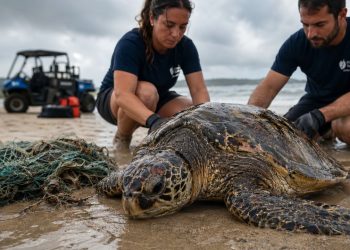 Uma tartaruga marinha foi resgatada por biólogos com mais de 8 metros de rede de pesca dentro do corpo