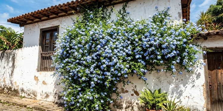 O azul é uma das cores mais raras no jardim, e encontrar uma planta que cubra muros inteiros com essa tonalidade durante boa parte do ano é ainda mais difícil