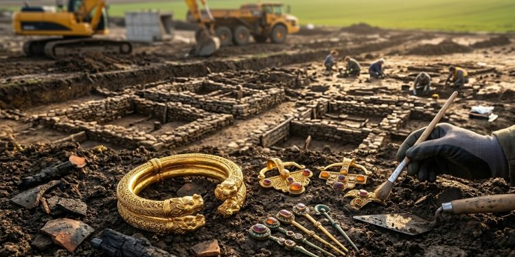 Joias antigas douradas e coloridas são reveladas em escavação arqueológica, com ruínas, pesquisadores e máquinas de obra ao fundo.