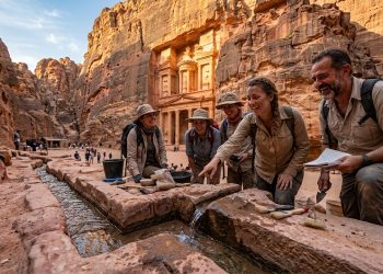 Grupo de arqueólogos examina um canal de água antigo esculpido em pedra, com o monumento de Petra ao fundo entre paredões de arenito.