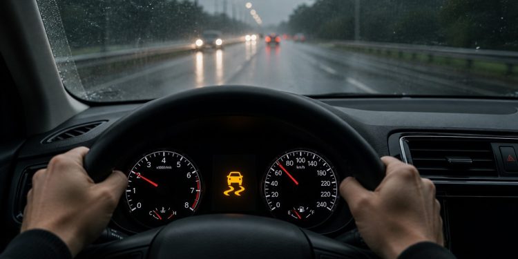 O alerta amarelo no painel indica atenção imediata à estabilidade e à aderência do veículo.