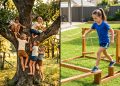 Comparação entre crianças brincando em árvore ao ar livre e uma menina atravessando circuito de equilíbrio no quintal.