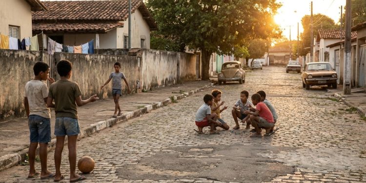 Crianças brincam livremente na rua em cena de infância dos anos 70