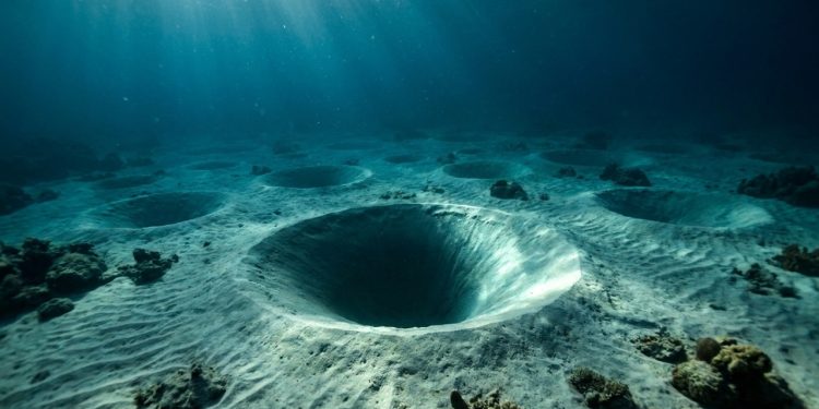 Crateras circulares aparecem iluminadas no fundo azul do oceano