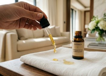 Pessoa aplica gotas de óleo essencial em um pano claro sobre a mesa, com frasco aromático e sala de estar ao fundo.