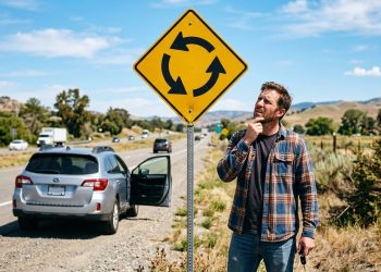 Homem confuso observa uma placa amarela de rotatória ao lado de uma rodovia, com carro parado no acostamento.