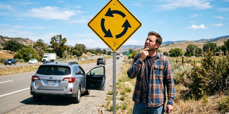 Homem confuso observa uma placa amarela de rotatória ao lado de uma rodovia, com carro parado no acostamento.