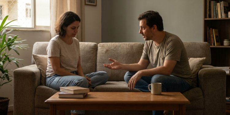 Interrupção sutil no sofá mostra desconforto acumulado em uma conversa