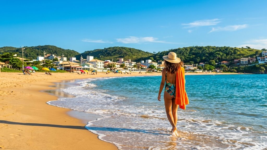 Mulher caminha à beira-mar em praia ensolarada, com chapéu, toalha laranja, mar azul e cidade litorânea ao fundo.