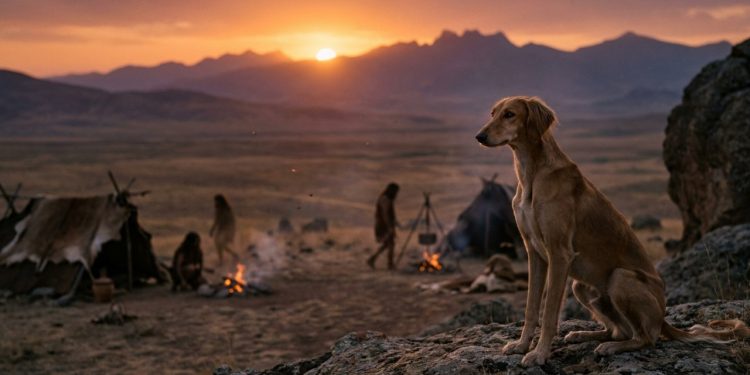 Cão ancestral vigiando acampamento nômade no pôr do sol da Anatólia