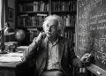 Homem com cabelo branco em frente a um quadro com fórmulas matemáticas e frase em inglês sobre imaginação e conhecimento.