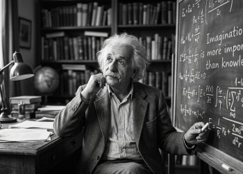 Homem com cabelo branco em frente a um quadro com fórmulas matemáticas e frase em inglês sobre imaginação e conhecimento.