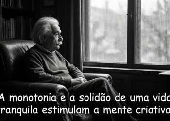Homem idoso sentado em poltrona observa a chuva pela janela, ao lado de frase sobre solidão, monotonia e mente criativa.