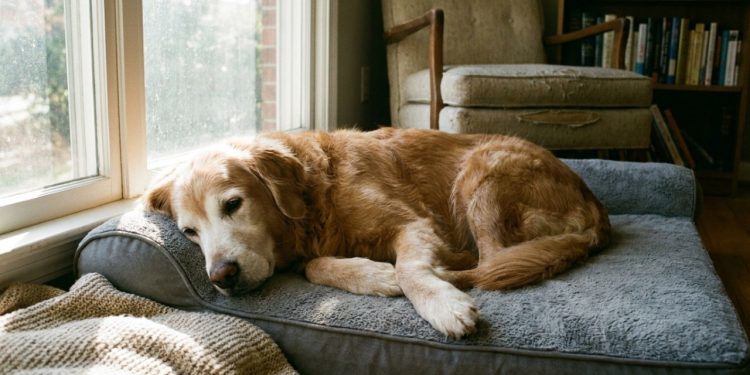 Cão Golden Retriever idoso descansando serenamente em cama confortável