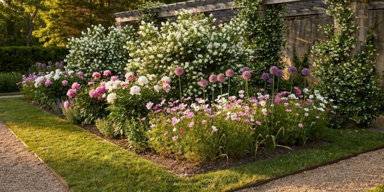 Jardim sofisticado com filadelfo, peônias, cosmos, alliums e jasmim-estrela em canteiros repetidos