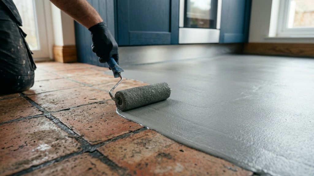 Pessoa aplica revestimento cinza com rolo sobre piso cerâmico antigo, renovando a superfície em um ambiente residencial.