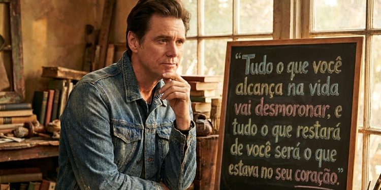 Homem pensativo sentado ao lado de um quadro com frase sobre conquistas, caráter e o que permanece no coração.