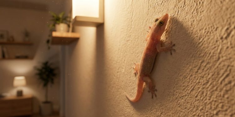 Lagartixa em detalhe na parede sob luz quente e sombras dramáticas